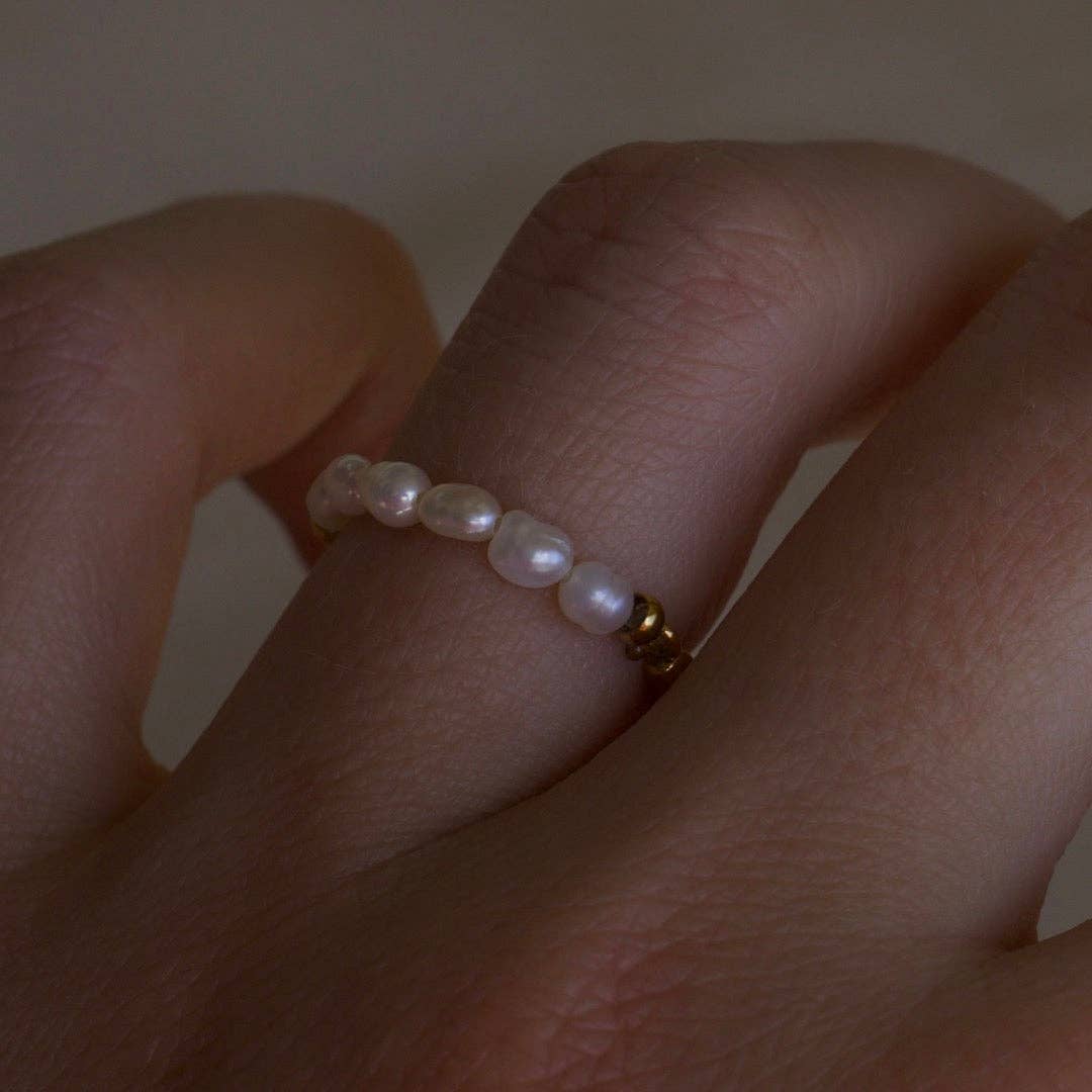 Hubert - Half Pearl Half Gold Band Textured Ring