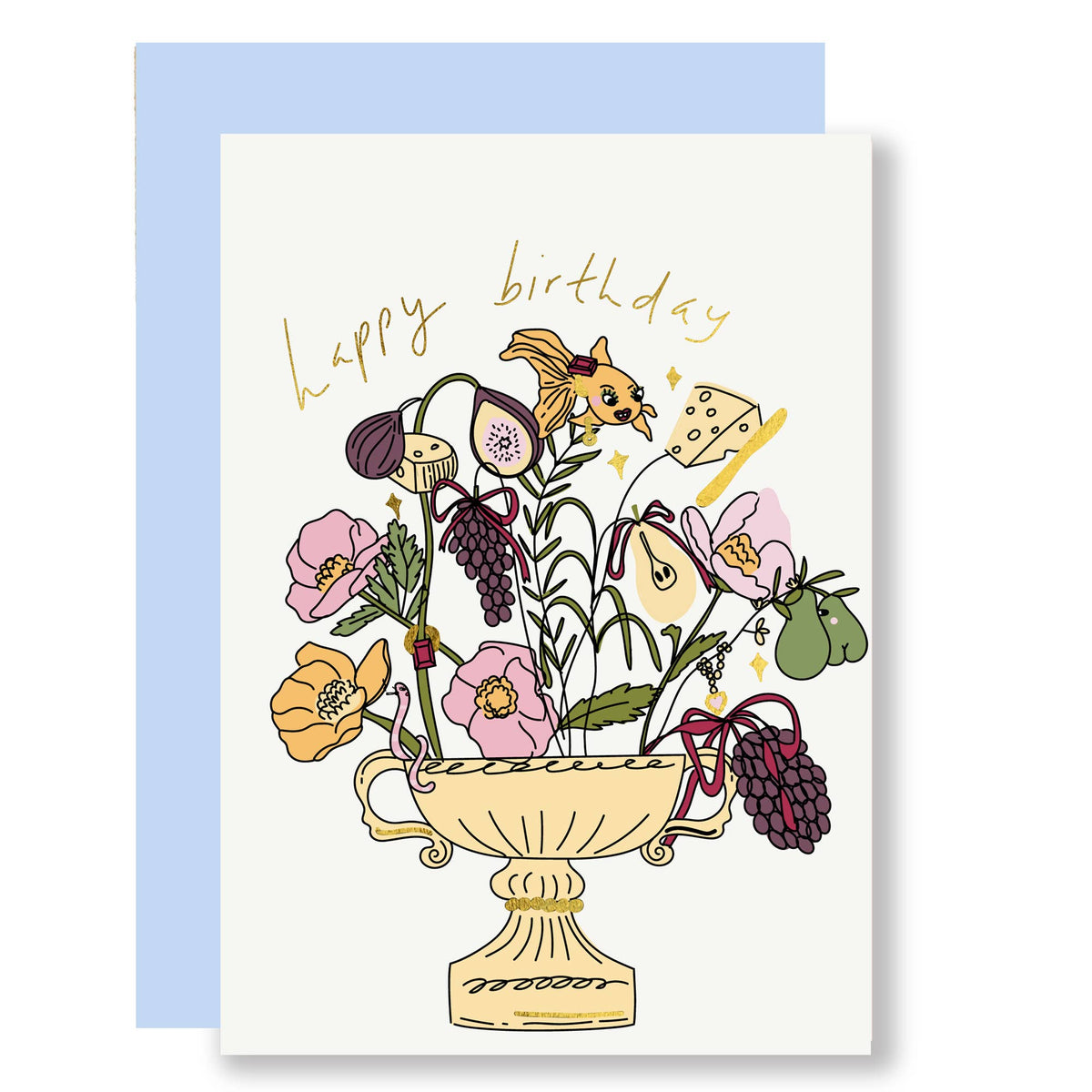 Birthday greeting card, gold foil finish, figgy flowers