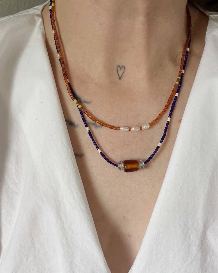 Glass Bead Necklace Navy Brown