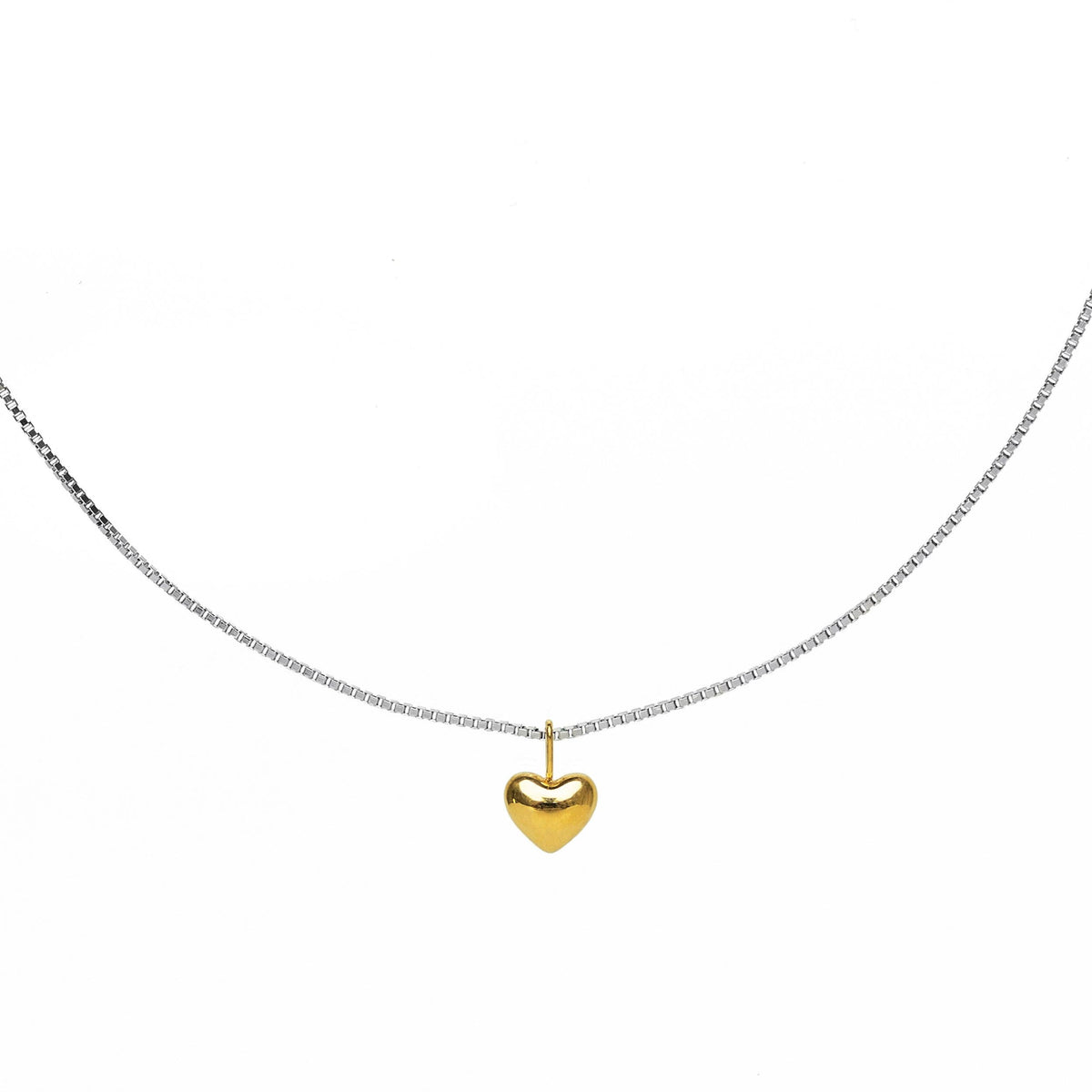 Waterproof Dainty Two-Tone Puffy Heart Necklace: Silver
