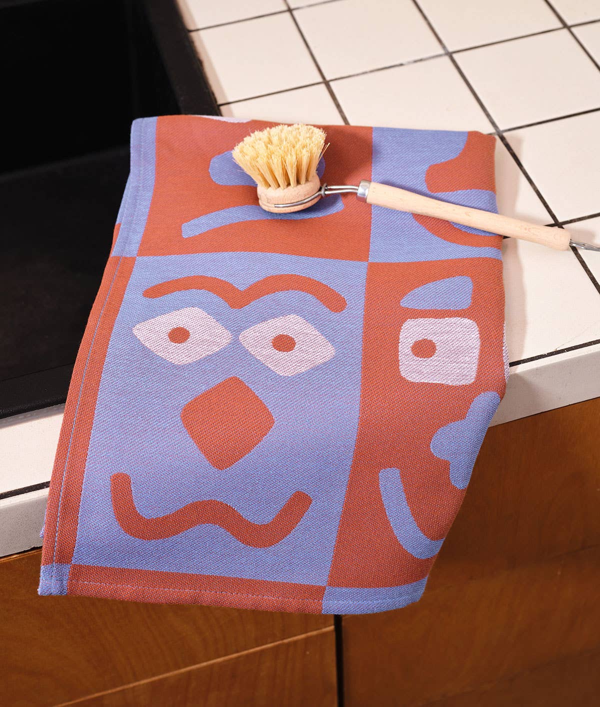 Making Faces Blue/Brown Woven Cotton Tea Towel