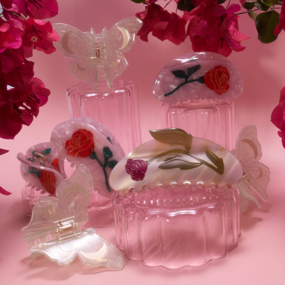 Belle Pink Single Red Rose Acetate Hair Claw