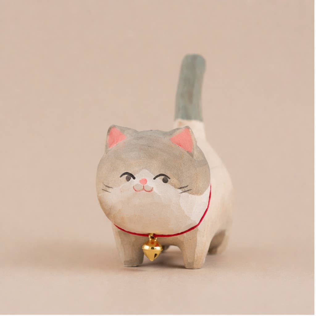 Hand-Carved Wooden Cat Figurine with Bell: A2