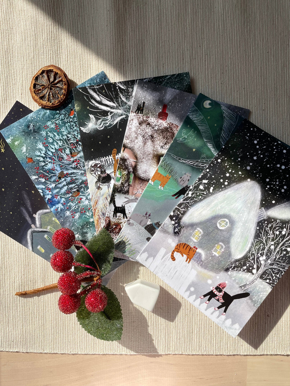 Starry Winter Night & Cozy Village Greeting Card | Christmas & New Year | Peaceful Holiday Scene with Playful Cats | 4x6 Blank Inside