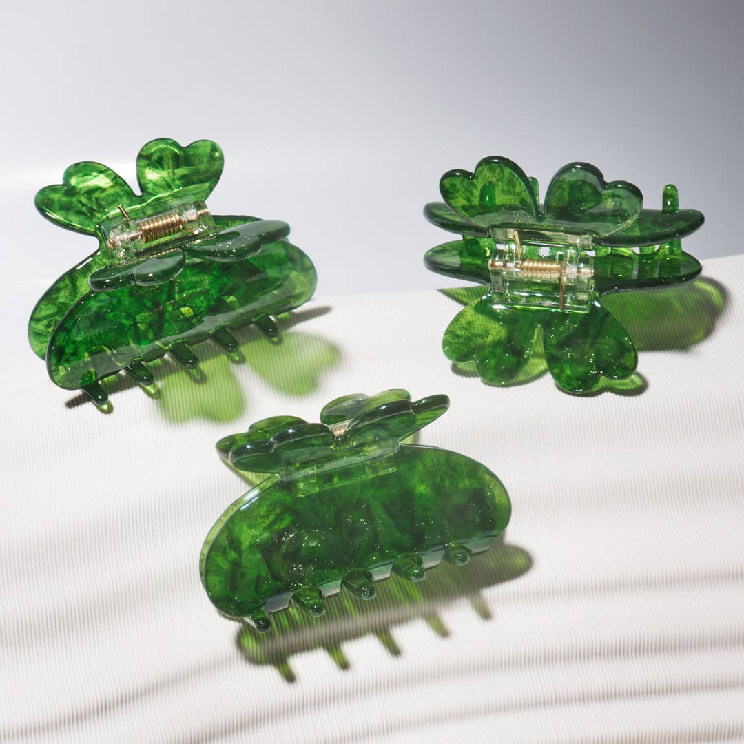 Lucky Four Leaf Clover Green Sparkle Acetate Hair Claw Clip