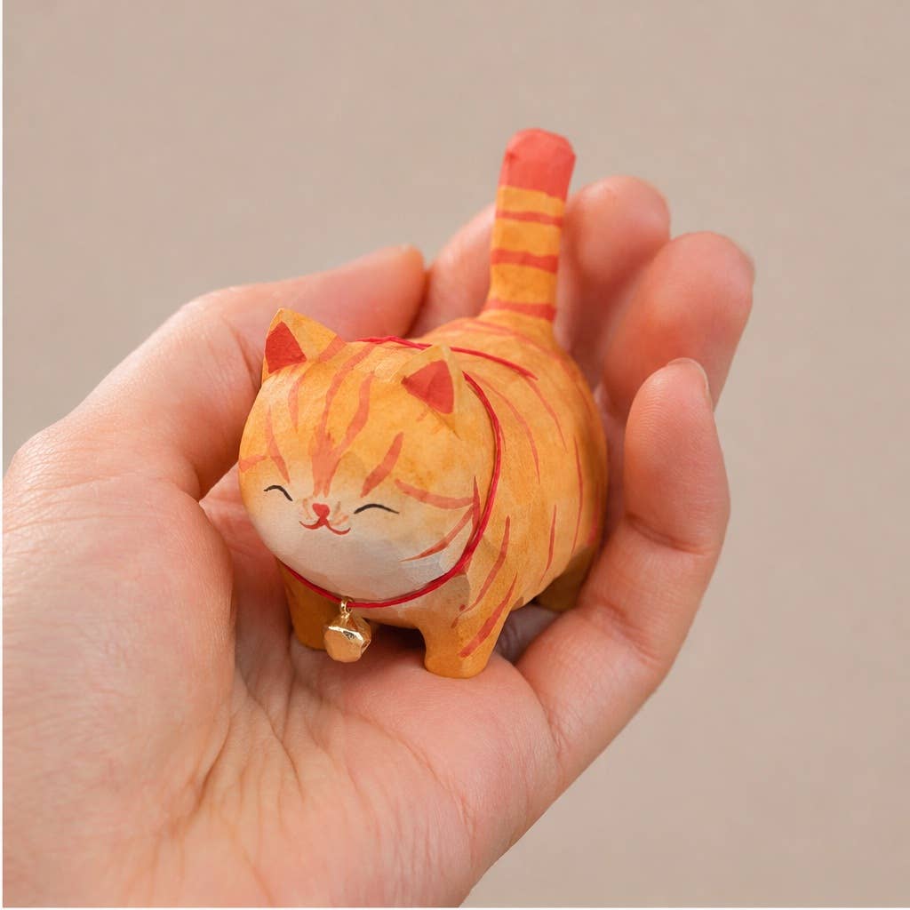 Hand-Carved Wooden Cat Figurine with Bell: A1