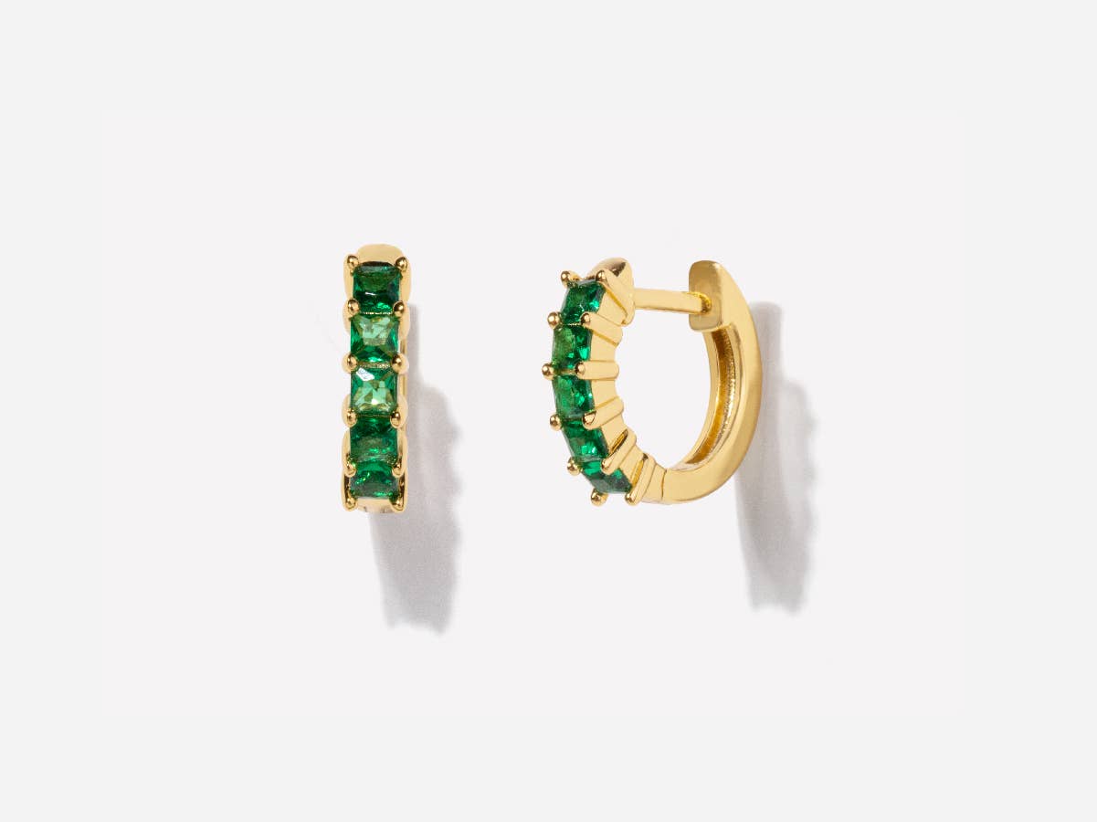 Baguette Emerald Gold Huggie Hoop Earrings